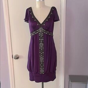 Sue Wong vintage purple silk embellished deep V neck bubble hem dress size 8